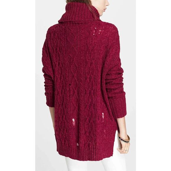 Free People Deep Red Complex Cable Knit Cowl Neck Sweater Medium Wool Alpaca - Picture 2 of 8